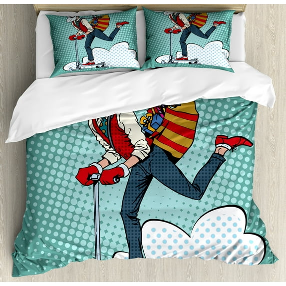 Ambesonne Indie Duvet Cover Set, Pop Art Hipster Santa, Queen, Teal Red Blue