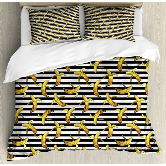 Ambesonne Indie Duvet Cover Set, Stripes Tropical Bananas, 2-Calking, Black White Yellow