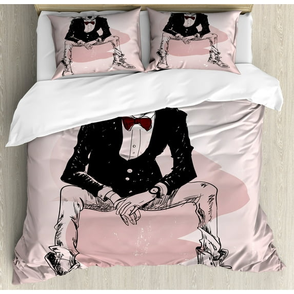 Ambesonne Indie Duvet Cover Sets, Hipster Wild Wolf Glasses, 2-King, Pale Pink Burgundy Black