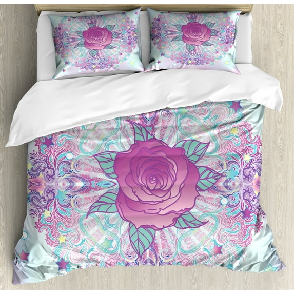 Ambesonne Indie Duvet Cover Sets, Psychedelic Rose Mandala, 2-Queen, Pale Blue Lavender
