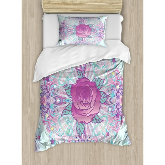 Ambesonne Indie Duvet Cover Sets, Psychedelic Rose Mandala, 2-Twin, Pale Blue Lavender