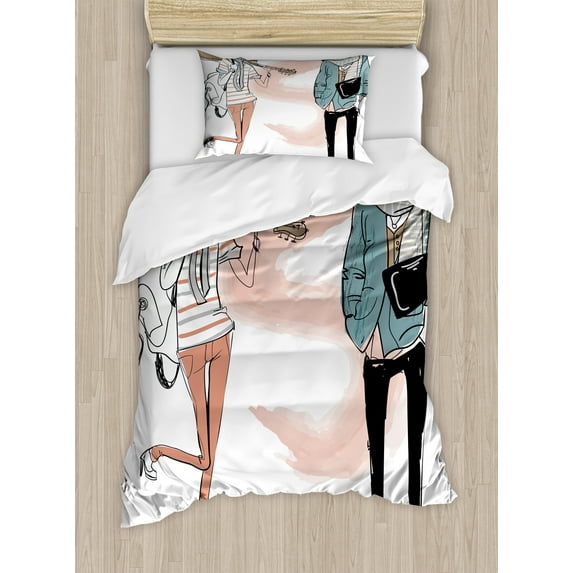 Ambesonne Indie Duvet Cover Sets, Urban Cat Dog Characters, 2-Twin, Slate Blue Pale Pink
