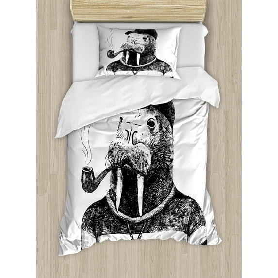 Ambesonne Indie Duvet Cover Sets, Walrus with Sketch Art, 2-Twin, White Black