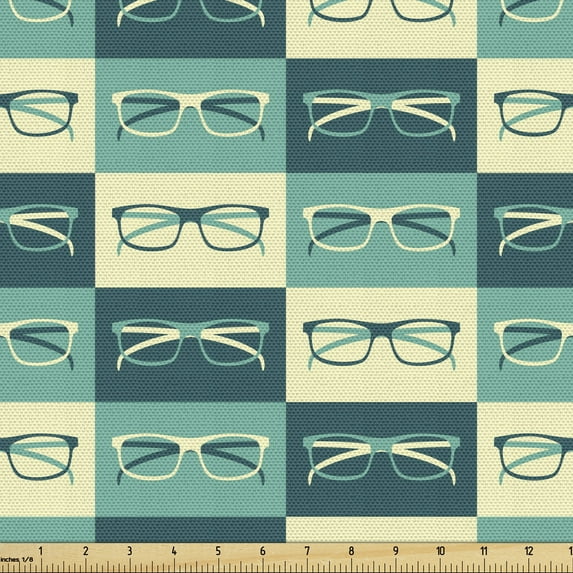 Ambesonne Indie Fabric by the Yard Upholstery, Vintage Eyeglasses Cool, 3 Yards, Petrol Blue Turquoise