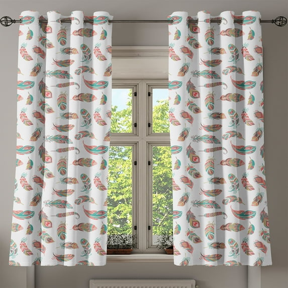 Ambesonne Indie Grommet Curtain, Bohemian Pastel Feather Motif, 50" x 54", Turquoise Pale Pink
