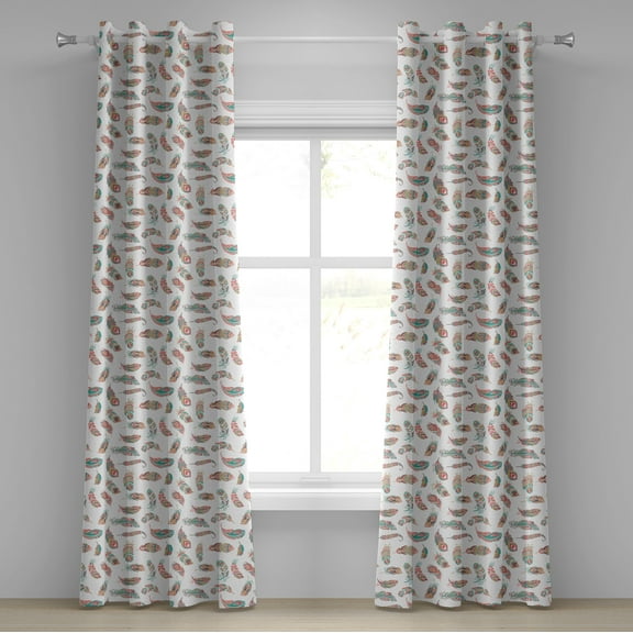 Ambesonne Indie Grommet Curtain, Bohemian Pastel Feather Motif, 50" x 84", Turquoise Pale Pink