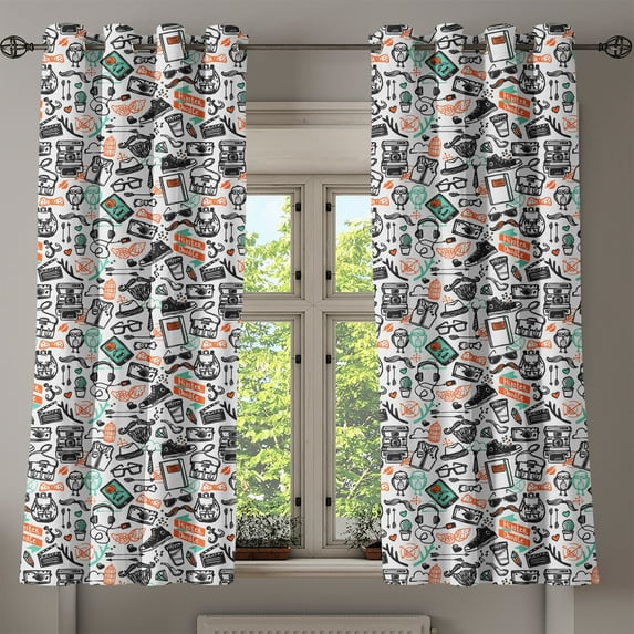 Ambesonne Indie Grommet Curtain, Hipster Fashion Sketch, 50" x 63", Seafoam Orange Black