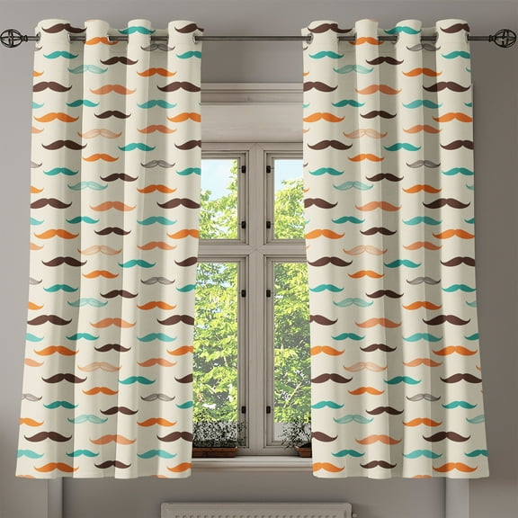 Ambesonne Indie Grommet Curtain, Retro Mustache Pattern, 50" x 63", Orange Brown and Teal
