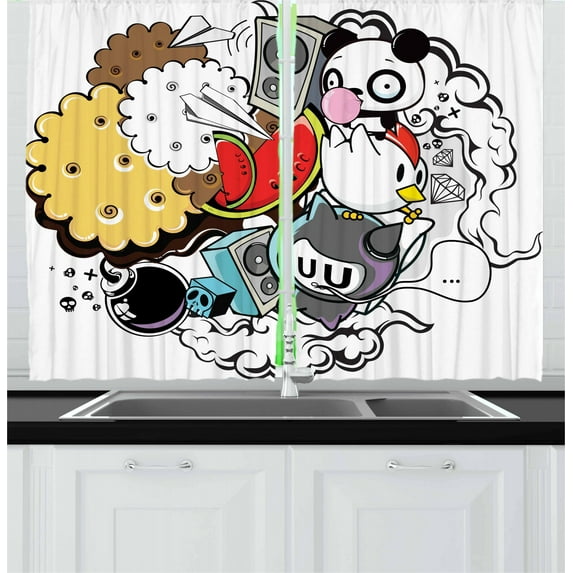 Ambesonne Indie Kitchen Curtains, Animal Food Crazy Doodle, 55"x39", Multicolor