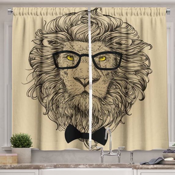 Ambesonne Indie Kitchen Curtains, Dandy Cool Lion Character, 55"x45", Sand Brown Black Yellow