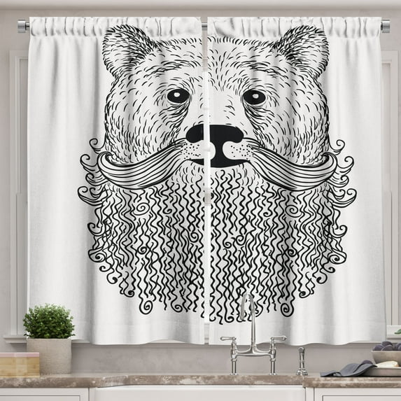 Ambesonne Indie Kitchen Curtains, Doodle Bear with Beard, 55"x39", Black White
