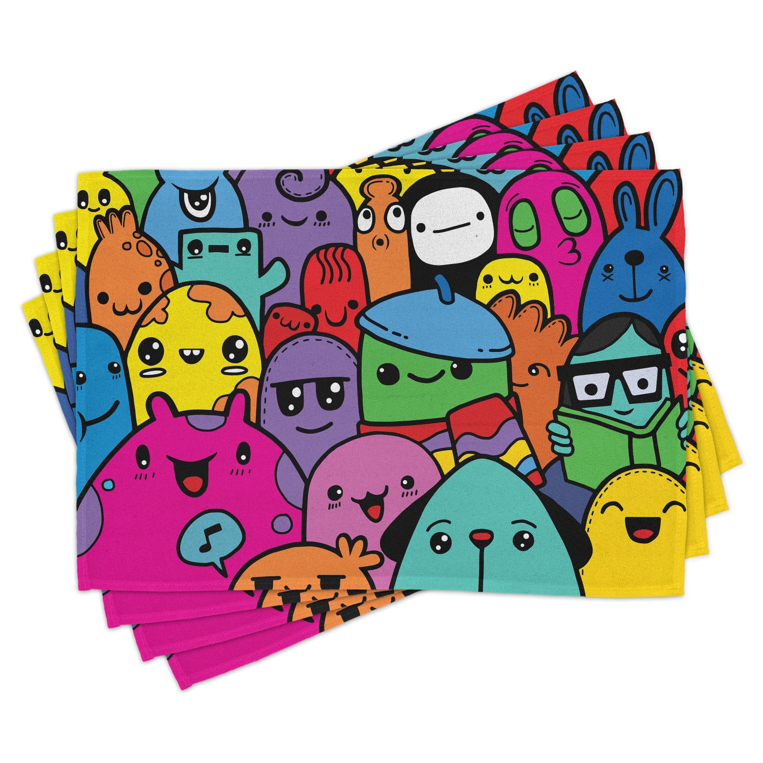 Ambesonne Indie Place Mats Set of 4, Colorful Doodle Monsters, Standard ...