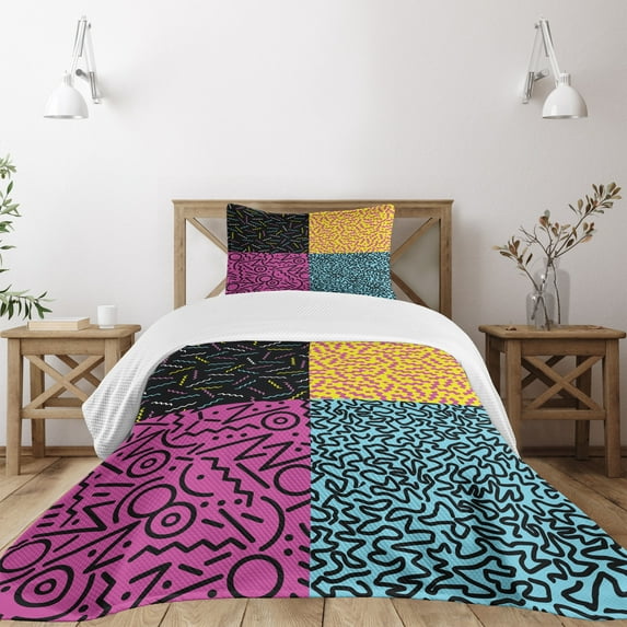 Ambesonne Indie Quilted Bedspread Set 2 Pcs, Eighties Funky Pop Doodle, Twin Size, Multicolor
