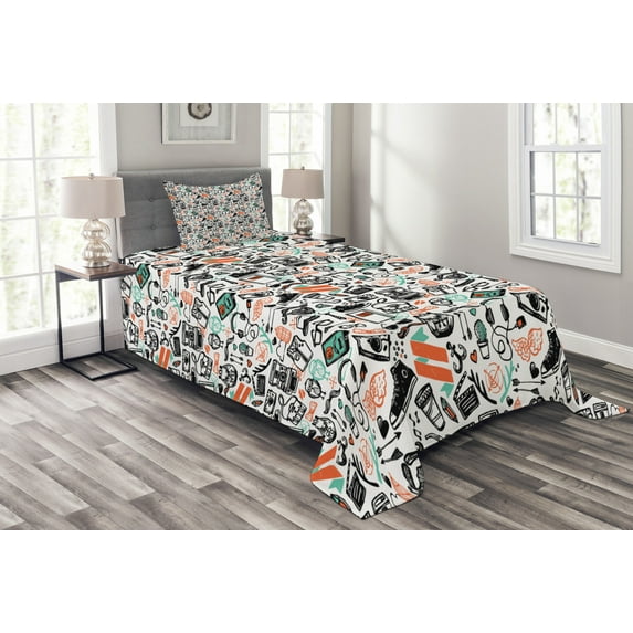 Ambesonne Indie Quilted Bedspread Set 2 Pcs, Hipster Fashion Sketch, Twin Size, Seafoam Orange Black