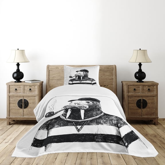Ambesonne Indie Quilted Bedspread Set 2 Pcs, Walrus with Sketch Art, Twin Size, White Black