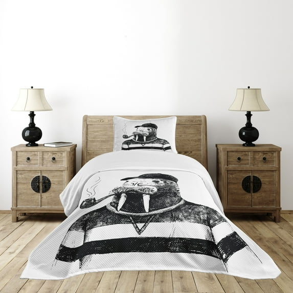 Ambesonne Indie Quilted Bedspread Set 2 Pcs, Walrus with Sketch Art, Twin Size, White Black
