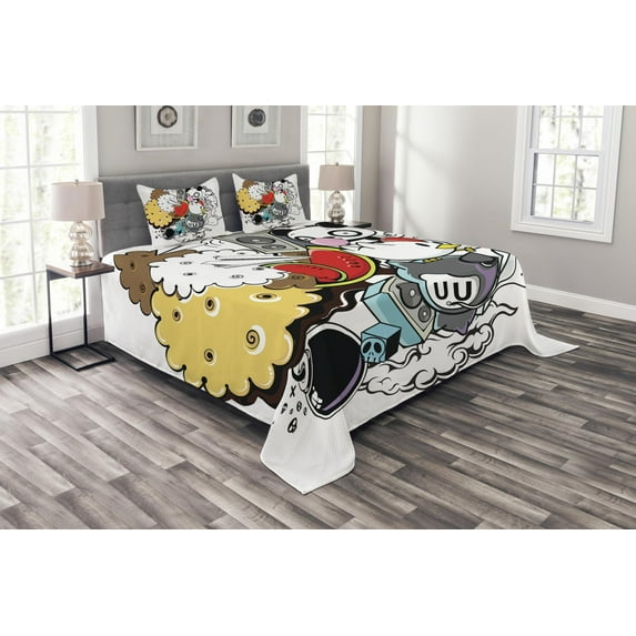Ambesonne Indie Quilted Bedspread Set 3 Pcs, Animal Food Crazy Doodle, Queen Size, Multicolor