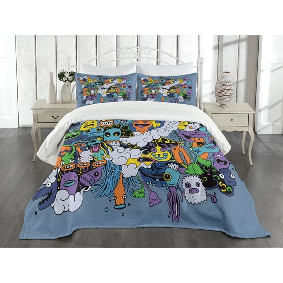 Ambesonne Indie Quilted Bedspread Set 3 Pcs, Funky Monsters Society, Queen Size, Multicolor