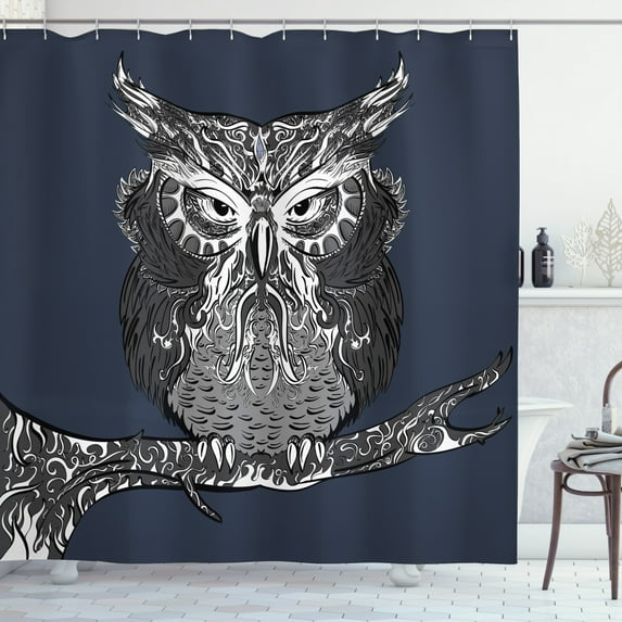 Ambesonne Indie Shower Curtain, Owl Vintage Ornaments, 69"Wx75"L, Charcoal Grey Dark Blue