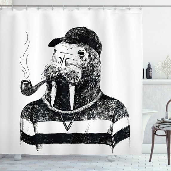 Ambesonne Indie Shower Curtain, Walrus with Sketch Art, 69"Wx70"L, White Black