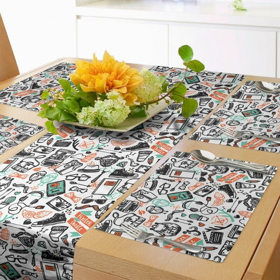Ambesonne Indie Table Runner & Placemats, Hipster Fashion Sketch, Placemat 4 pcs + Runner 12"x90", Seafoam Orange Black