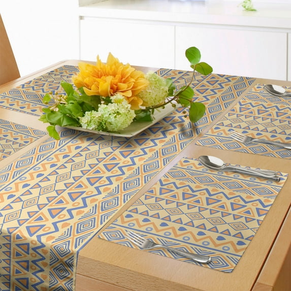 Ambesonne Indie Table Runner & Placemats, Stripes, Placemat 4 pcs + Runner 12"x90", Yellow Blue