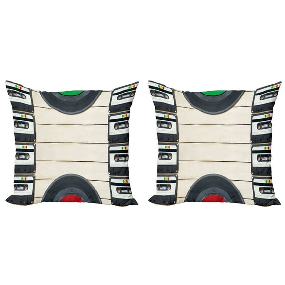 Ambesonne Indie Throw Pillow Cover 2 Pack, Audio Cassettes Records, 18", Black White Cream
