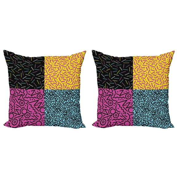 Ambesonne Indie Throw Pillow Cover 2 Pack, Eighties Funky Pop Doodle, 24", Multicolor
