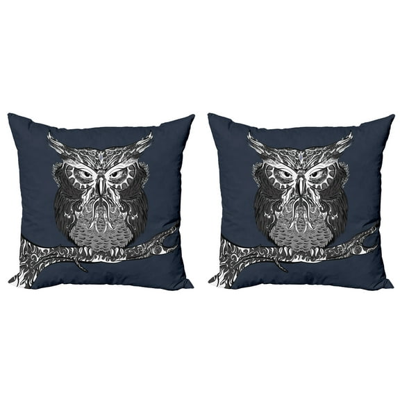 Ambesonne Indie Throw Pillow Cover 2 Pack, Owl Vintage Ornaments, 18", Charcoal Grey Dark Blue