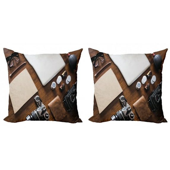 Ambesonne Indie Throw Pillow Cover 2 Pack, Work Equipment on Table, 16", Brown Beige Black