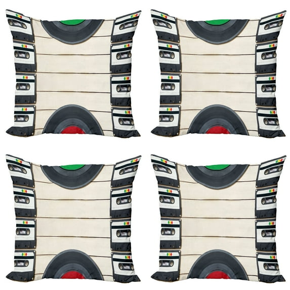 Ambesonne Indie Throw Pillow Cover 4 Pack, Audio Cassettes Records, 24", Black White Cream