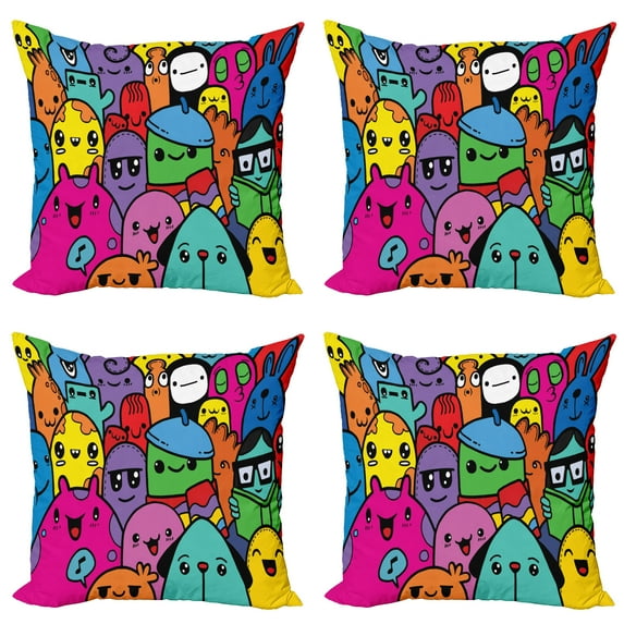 Ambesonne Indie Throw Pillow Cover 4 Pack, Colorful Doodle Monsters, 24", Multicolor