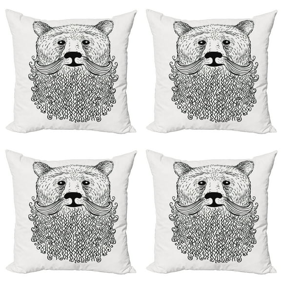 Ambesonne Indie Throw Pillow Cover 4 Pack, Doodle Bear with Beard, 20", Black White