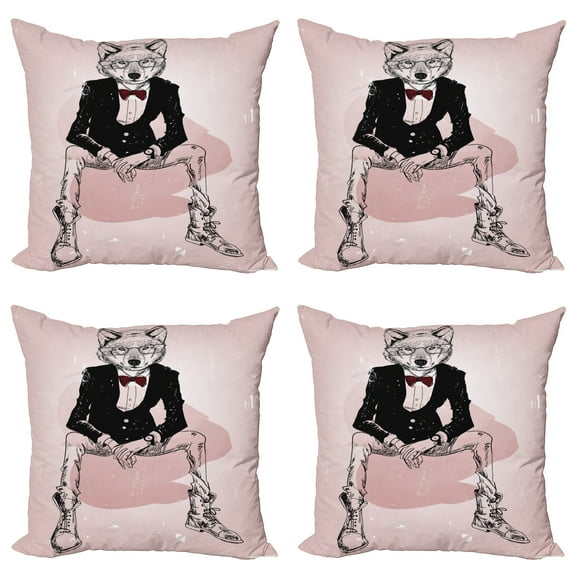 Ambesonne Indie Throw Pillow Cover 4 Pack, Hipster Wild Wolf Glasses, 16", Pale Pink Burgundy Black