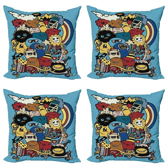 Ambesonne Indie Throw Pillow Cover 4 Pack, Various Monsters Universe, 16", Multicolor