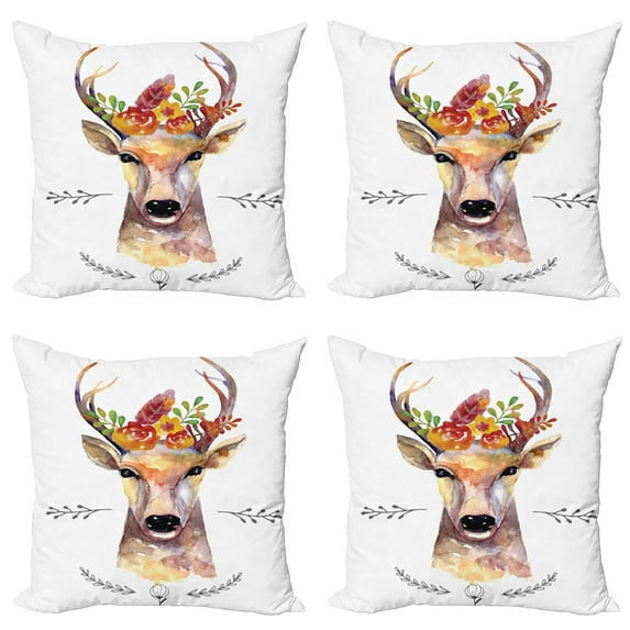 Ambesonne Indie Throw Pillow Cover 4 Pack, Watercolor Deer Rustic, 16", Multicolor