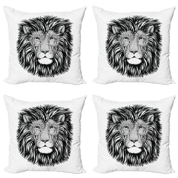 Ambesonne Indie Throw Pillow Cover 4 Pack, Wild Hipster Lion Glasses, 24", Black and White