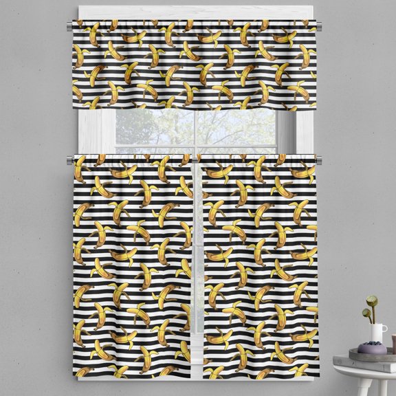 Ambesonne Indie Valance & Curtain, Stripes Tropical Bananas, 55"x45", Black White Yellow