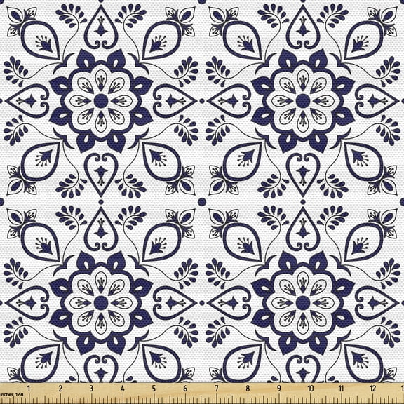 Ambesonne Indigo Blue Fabric by the Yard Upholstery, Mandala Leafy Bohemian, 1 Yard, White Dark Grey