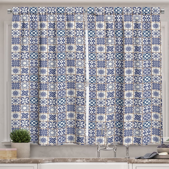 Ambesonne Indigo Blue Kitchen Curtains, Azulejo Inspired Art, 55"x36", Umber Dark Lavender and Ivory