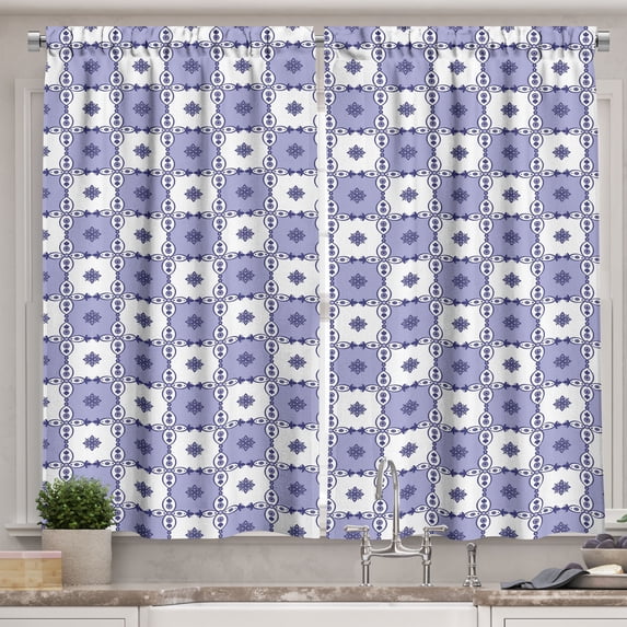 Ambesonne Indigo Blue Kitchen Curtains, Azulejo Lotus Details, 55"x39", Dark Violet White