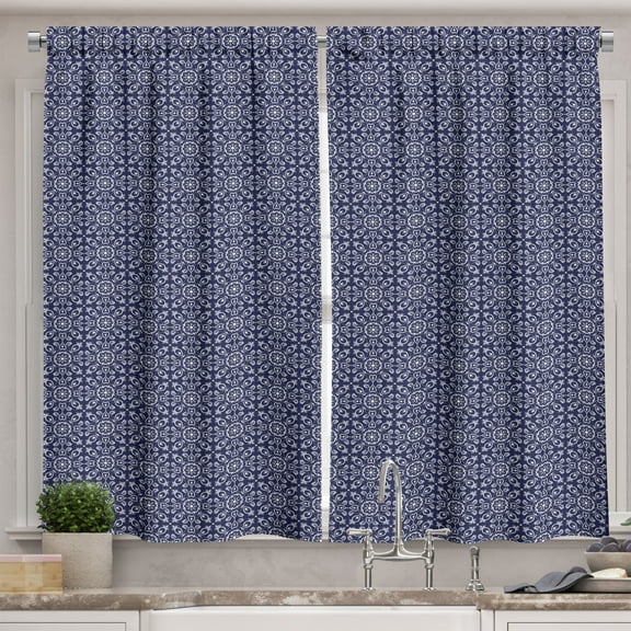 Ambesonne Indigo Blue Kitchen Curtains, Dutch Style Folk Floral, 55"x24", White