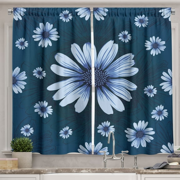 Ambesonne Indigo Blue Kitchen Curtains, Meadow Spring Flower, 55"x24", Dark Teal