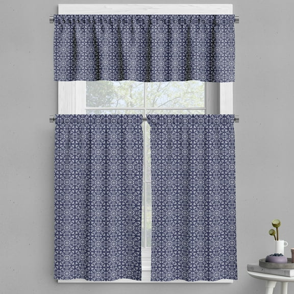 Ambesonne Indigo Blue Valance & Curtain, Dutch Style Folk Floral, 55"x24", White