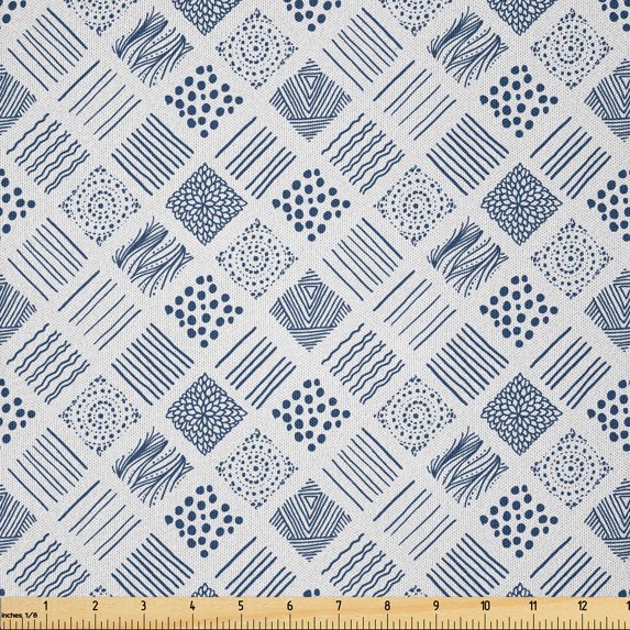 Ambesonne Indigo Fabric by the Yard Microfiber, Square Shaped Lines Dots, 1 Yard, Indigo
