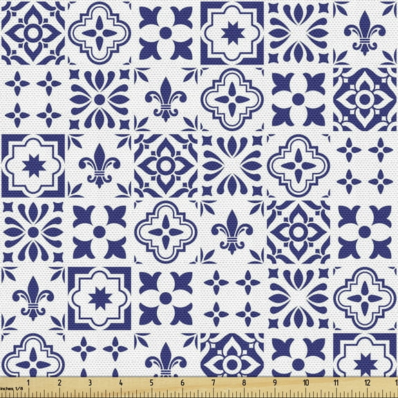 Ambesonne Indigo Fabric by the Yard Upholstery, Tile Square Abstract Pattern, 3 Yards, Indigo White