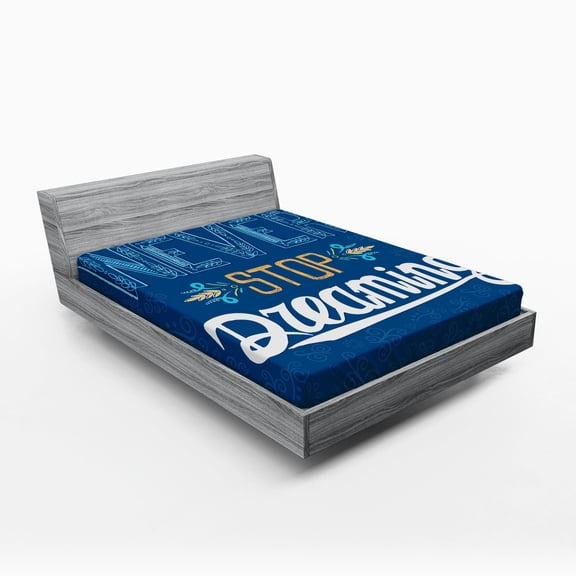 Ambesonne Indigo Fitted Sheet, Never Stop Dreaming, Full Size, Royal Blue Yellow