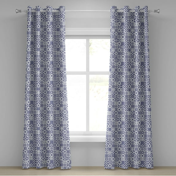 Ambesonne Indigo Grommet Curtain, Tile Square Abstract Pattern, 50" x 96", Indigo White