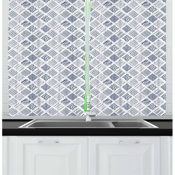 Ambesonne Indigo Kitchen Curtains, Square Shaped Lines Dots, 55"x45", Indigo