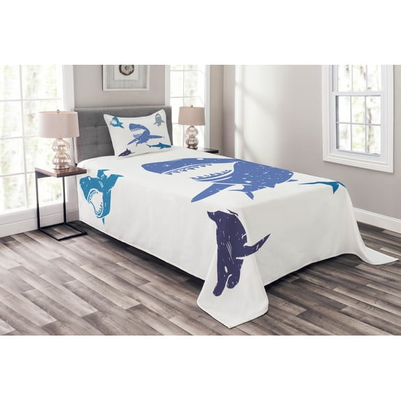 Ambesonne Indigo Quilted Bedspread Set 2 Pcs, Grunge Sharks Wildlife, Twin Size, Royal Blue